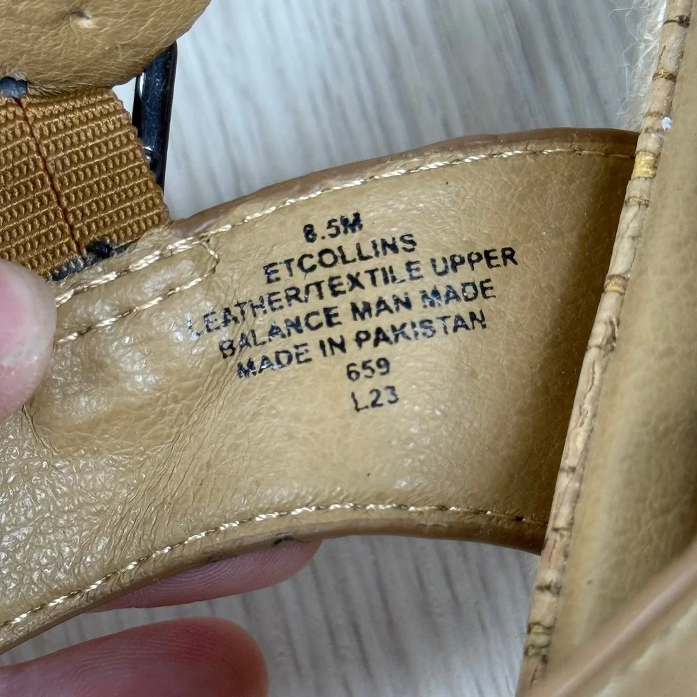 Earth ETCOLLINS Womens 8.5M Tan Leather Woven Espadrille Platform Wedge Sandals